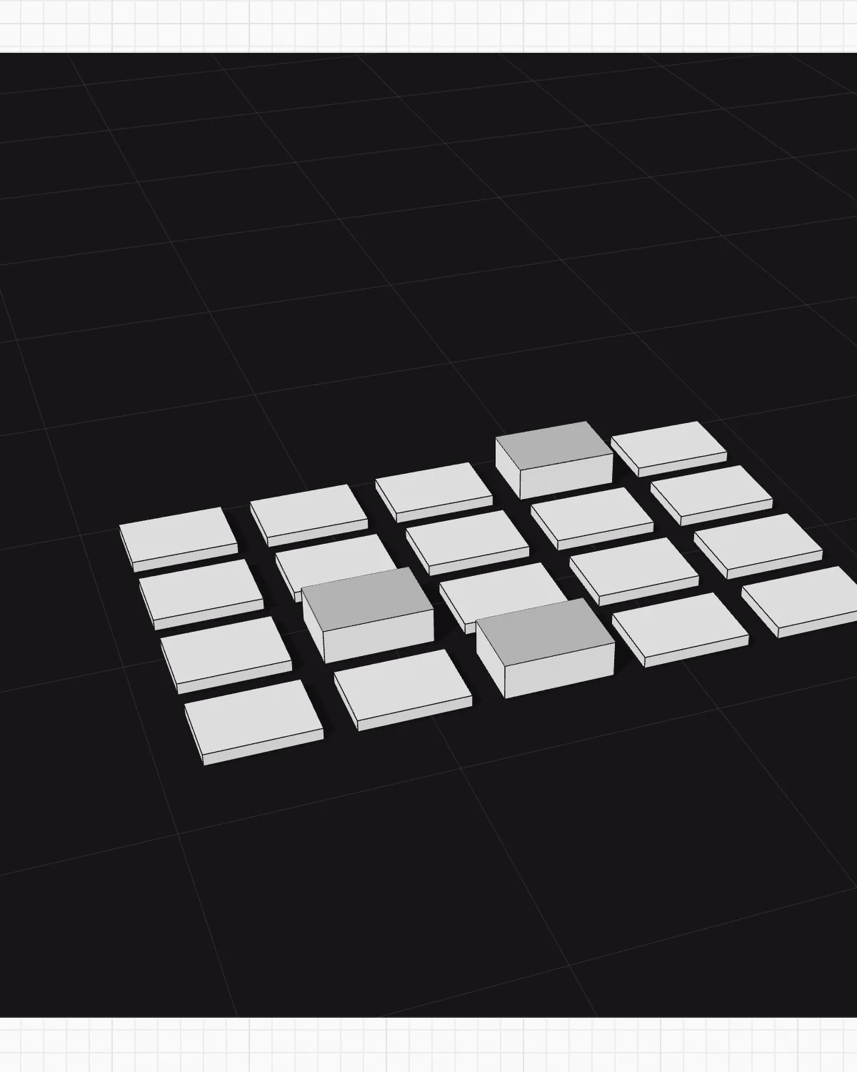 A dark drafting grid seen through a window in squared paper. A grid of flat white tiles lies on it, and three of the tiles stand raised.